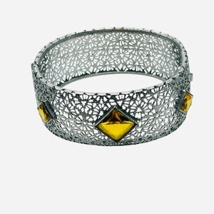 Antique Edwardian Wide Filigree Topaz Glass Hinged Bracelet